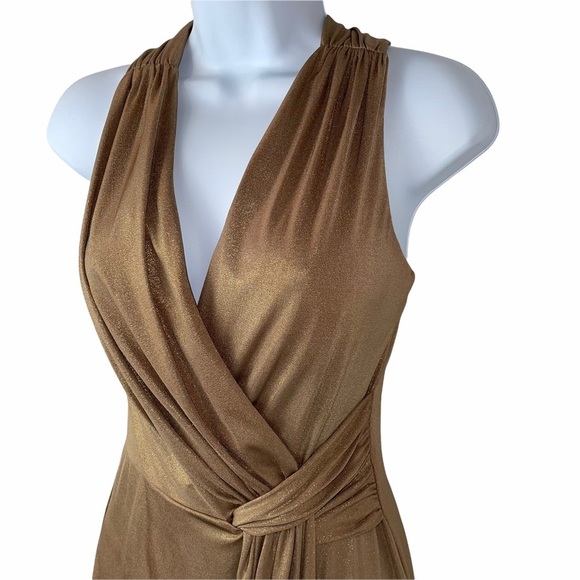 Donna Morgan Shimmery Metallic Gold V Cut Cinched Waist Cocktail Dress Size 2P - Picture 4 of 9